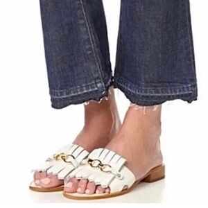 Kate Spade White Leather Fringe Brie Gold Chain Flat Slide Sandal size 7.5